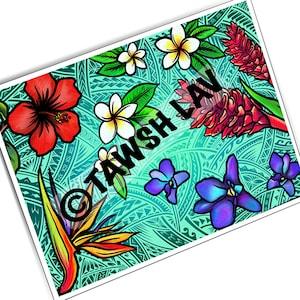 Tropical Flowers Plumeria Hibiscus Teuila Birds of Paradise Orchid Light Polynesian Tribal Art Print