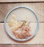 VINTAGE PRESSED DRIED FLOWERS & BUTTERFLY ART LEADED GLASS METAL FRAME