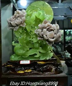 16'' Unique Natural Green Jade Carved Peony Flower Animal Magpie bird Statue