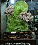 16'' Unique Natural Green Jade Carved Peony Flower Animal Magpie bird Statue