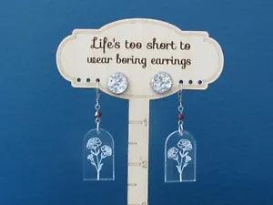 Carnation Flower Earrings and Silver Druzy Studs, January Birth Flower Jewelry