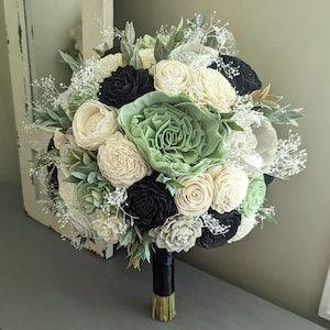 Sage, Black, Light Gray, and Ivory Sola Wood Flower Bouquet with Baby's Breath and Greenery - Bridal Bridesmaid Toss