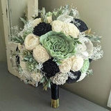 Sage, Black, Light Gray, and Ivory Sola Wood Flower Bouquet with Baby's Breath and Greenery - Bridal Bridesmaid Toss