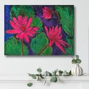 Original acrylic painting with pink water lily flowers, Colorful floral art