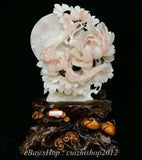 18" China Natural Xiu Pink Jade Carving subshrubby peony flower Birds Statue
