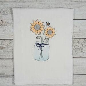 Sunflower Tea Towel, Embroidered Dish Towel, Summer Decor