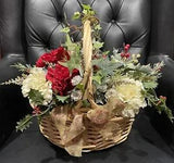 CHRISTMAS SILK FLOWER ARRANGEMENT IN 10??? ROUND WICKER BASKET W/HANDLE-RED/WHITE