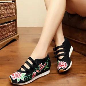 Chinese Style Ladies Shoes Peony Flower Embroidered Women Old Peking Cloth Dance