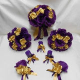 Wedding  Silk Flower Bridal Bouquets Your Colors 18 pcs Package Purple Roses Gold Toss Bridesmaids  Boutonniere Corsages New