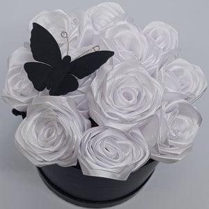 Eternity White Silk Ribbon Roses With Black Butterfly. White Flower Hat Box. Satin Roses.  Bouquets Roses. In Memory of the Closest.