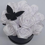 Eternity White Silk Ribbon Roses With Black Butterfly. White Flower Hat Box. Satin Roses.  Bouquets Roses. In Memory of the Closest.