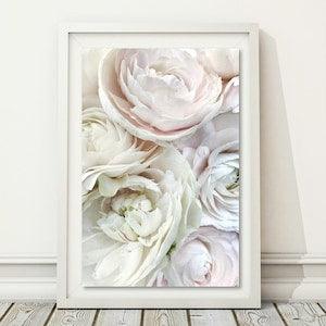 Ranunculus Wall Art, Pastel Flower Print, Pastel Floral Art, White Ranunculus Bouquet, Cottage Chic Art, Minimal Flower Print Over Bed Decor
