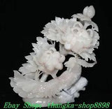 13" China Natural Pink Xiu Jade Carve Peony Flower Phoenix Phenix Animal Statue
