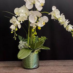 White Faux Orchid, Real Touch Orchid With Crystal Cut Vase, Centerpiece Bowl,Silk Orchid Arrangement, Orchid Table Arrangement,Orchid Floral