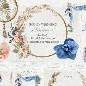 Boho Wedding Watercolor set clipart Tropical Ceremony decor, Wood frame, Arch, Pampas Grass, Eucalyptus, Peach Orchid flower, dry Greenery