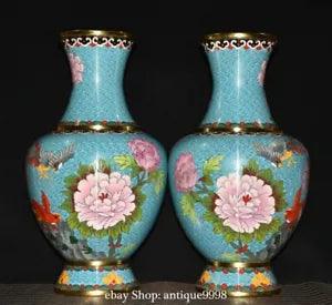 15'' Old Cloisonne Enamel Purple Bronze Gold Peony Flower Bird Bottle Vase Pair