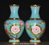 15'' Old Cloisonne Enamel Purple Bronze Gold Peony Flower Bird Bottle Vase Pair