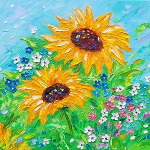 forget me not painting sunflower original art impasto oil painting daisy flowers wildflowers artwork floral square canvas by Irina Jouk