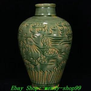 7" Old China Song Dynasty Yue Kiln Porcelain Phoenix Peony Flower Vase Bottle