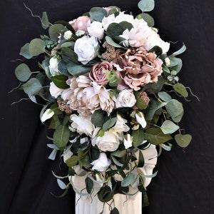 Unstructured Cascade Bouquet Dusty Rose Mauve Peony, Champagne, White, blush, Sage, Eucalyptus X-Large