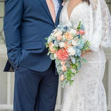 Cascading Peach, Coral, Navy and Mint Bouquet - Cascade Wedding Bouquet - Sola Flower - Bridal Bouquet - Peonies - Succulents - Faux Bouquet