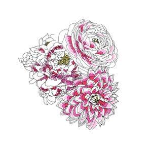 Peony Dahlia Ranunculus Bouquet Large Art Print, Original Art, Botanical Wall Art, Spring Flowers, Pink Color, Floral Print