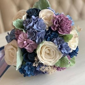 Forget Me Knot Wedding Bouquet - Wood Flowers - Sola Flowers - Blue, Periwinkle and Purple - Bridesmaid - Sola Wood - Hydrangea and Roses