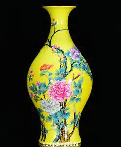14.2"Yongzheng Year Yellow Glaze Famille Rose Porcelain Peony Flower Bottle Vase