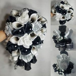 Black Silver Rose Calla Lily Bridal Wedding Bouquet Accessories