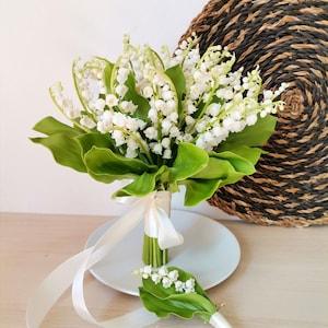Lily of the valley bouquet and a boutonniere set, cold porcelain, bridal bouquet, buttonhole, lily of the valley, wedding accessories, white