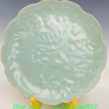 10" Old Chinese Dynasty Ru Kiln Porcelain Phoenix Peony Flower Tray Dish Plate
