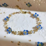 Handmade Blue Flower Chain Seed Bead Bracelet/Anklet, Blue flower Bracelet, Cute Flower Bracelet, Perfect for stacking, Perfect to be a gift