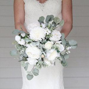 White Ivory Wedding Faux Flower Bouquet, Sage green Eucalyptus Bridal Bouquet, Ivory Rose Bouquet,Bridesmaid Real Touch Flower Bouquet