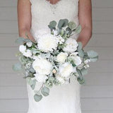 White Ivory Wedding Faux Flower Bouquet, Sage green Eucalyptus Bridal Bouquet, Ivory Rose Bouquet,Bridesmaid Real Touch Flower Bouquet