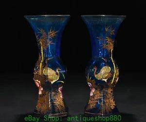 7'' Old Chinese Colored Glaze Gilt Peony Flower Bamboo Crane Bottle Vase Pair