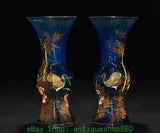 7'' Old Chinese Colored Glaze Gilt Peony Flower Bamboo Crane Bottle Vase Pair