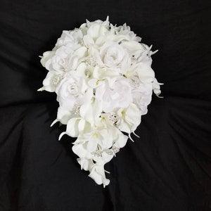 White cascading bridal bouquet, real touch calla lily, white roses, orchid cascade bride bouquet with artificial flowers
