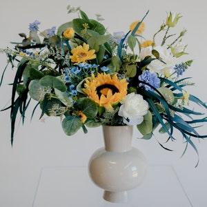 Sunflower wedding bouquet , blue bridal bouquet with pampas grass, real dried eucalyptus and mix artificial blooms