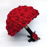 Red Bridal Bouquet With Black Satin Ribbon/Wedding Bouquet/Bridesmaid Bouquet/Made With Real Touch Roses/Matching Boutonnieres And Corsages
