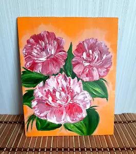 Oil painting 8x10". Pink peony flowers. Author's work. Modern stylish mini art.