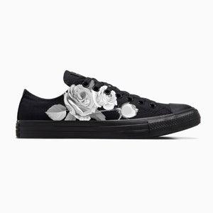 Black and White Rose Bouquet - Custom Black/Black Low Top Converse Chuck Taylor shoes for Women and Men