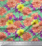 Soimoi Green Cotton Poplin Fabric Leaves & Peony Floral Print Fabric-BxO