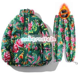 men's winter thick oversized cotton jacket set peony flower cotton jacket pants