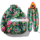 men's winter thick oversized cotton jacket set peony flower cotton jacket pants