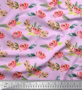 Soimoi Purple Velvet Fabric Leaves & Peony Floral Decor Fabric Printed-X1c