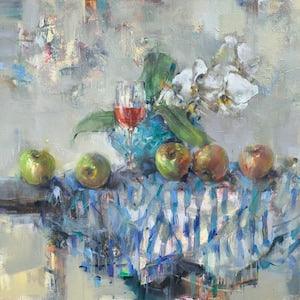 Original Oil Painting, Abstract, Apples, Expressionistic, "Still-life with White Orchids", 24" x 30", oil on canvas, by Grigor Malinov