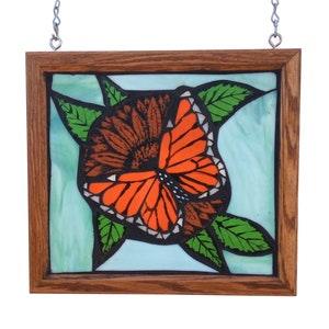 Monarch Butterfly with Yellow Sunflower Blossom, Stained Glass Mosaic Panel for Hanging in Window, Great Gift for Gardener, Orange Wings