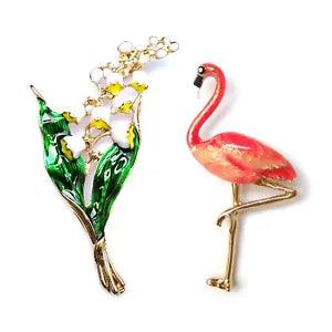 Brooch Lily of The Valley Green White Flower Pink Red Flamingo Bird Elegant Pin