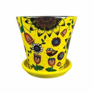 Yellow Sunflower Plant Pot. Birds Planter. Fantasy Flower Pot. "Dia de Primavera II"