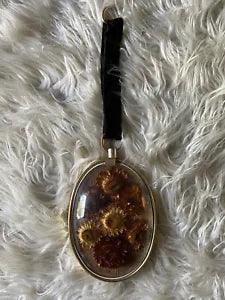 Vintage 70??s Pressed Dried Flower Oval Convex Framed Wall Hanging Velvet Ribbon